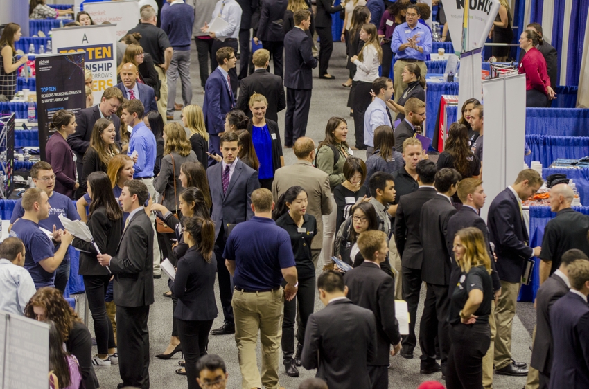 UConn students in Gampel Pavilion for annual fall career fair